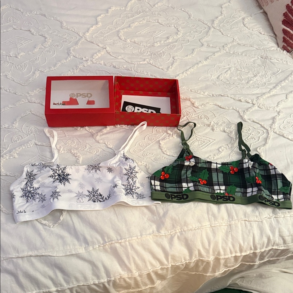PSD Holiday Bralette Set - White Snowflake & Green Plaid with Red Accents